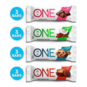 ONE Protein Bars, Chocolate Lovers Variety Pack, Gluten Free 20g Protein and only 1g Sugar, Dark Chocolate Sea Salt, Chocolate Chip Cookie Dough, Peanut Butter Cup & Almond Bliss, 2.12 oz (12 Pack) - Men Guide Store